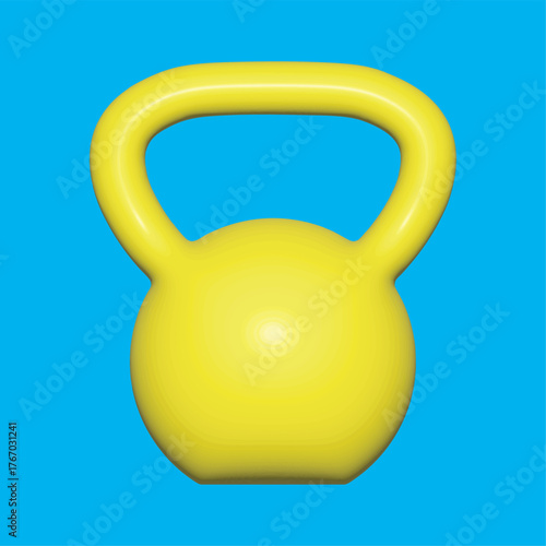 Yellow kettlebell 3D vector icon isolated on blue background. Workout and gym tools, accessories. Sports equipment, gym time concept. Yellow kettlebell, sport training and fitness design element.