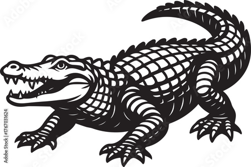 Detailed black and white illustration of a predatory alligator with open jaws