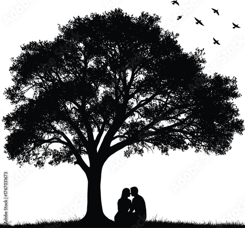 Couple under tree with birds silhouette cartoon illustration, symbolic love and expressive gesture artwork for lifestyle and emotional design