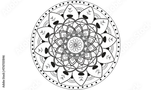 Abstract floral circle flower mandala unique design with mehndi style, book cover, yoga design hand drawn mandala, decorative pattern in original style on white background.