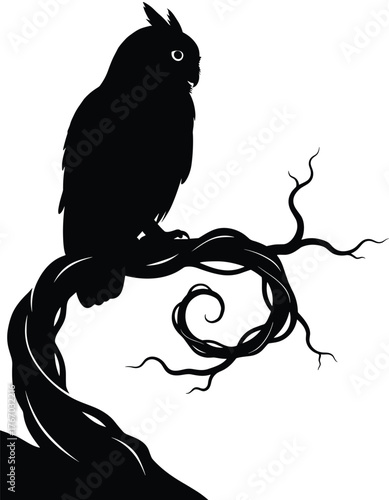 Silhouette of a watchful owl perched on a gnarled twisting tree branch against a white background