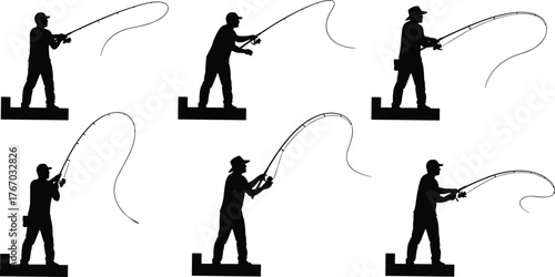 Fishing technique sequence silhouette cartoon illustration, symbolic patience and expressive outdoor movement artwork for lifestyle and design