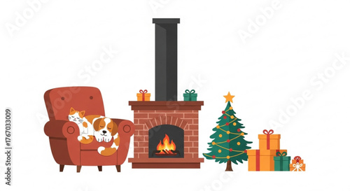 Cozy living room scene with dog by the fireplace and Christmas tree  