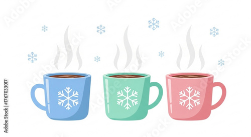 Three colorful mugs with steaming drinks and snowflakes for Christmas  