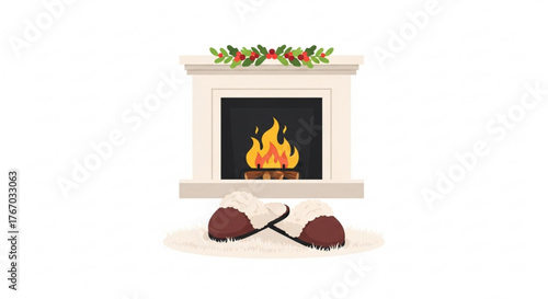 Cozy fireplace with Christmas stockings decorated for New Year  