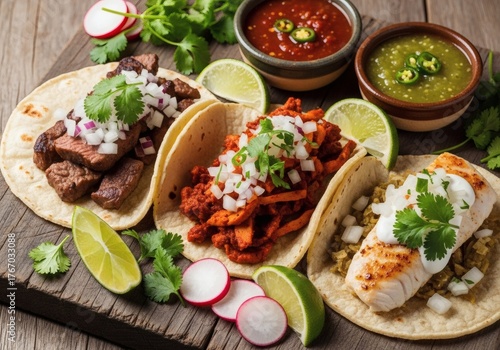 Authentic street tacos with lime and salsa, rustic Mexican food flat lay