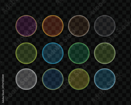 Collection of twelve colorful glowing circles with transparent background, abstract design elements