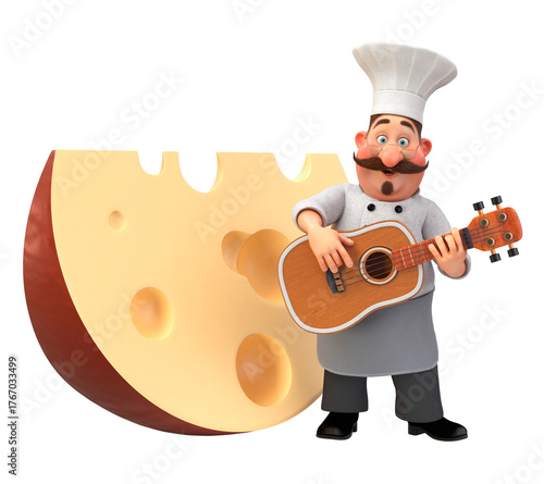 3d illustration cook with cheese play guitar