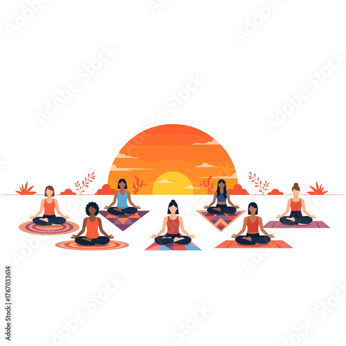 Group of women doing yoga with the sunset in the background