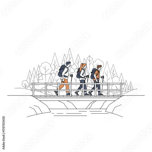 Hikers crossing the bridge over the river amidst forest, embracing the outdoors. Their adventure awaits them