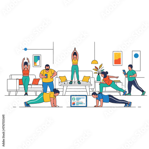 Group of individuals exercising at home