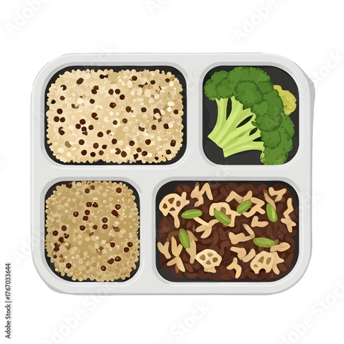 Healthy, balanced meal: A tray with quinoa, broccoli, and other fresh ingredients