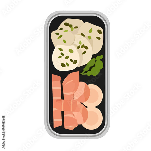 Freshly prepared bento box with an assortment of food. The box features sushi, dumplings and other delicious ingredients