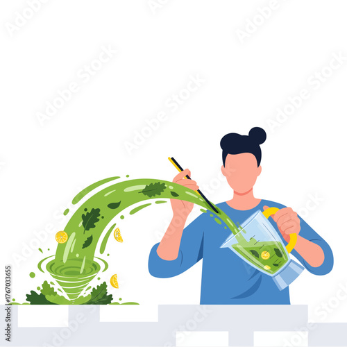 A person is pouring healthy green smoothie from a blender