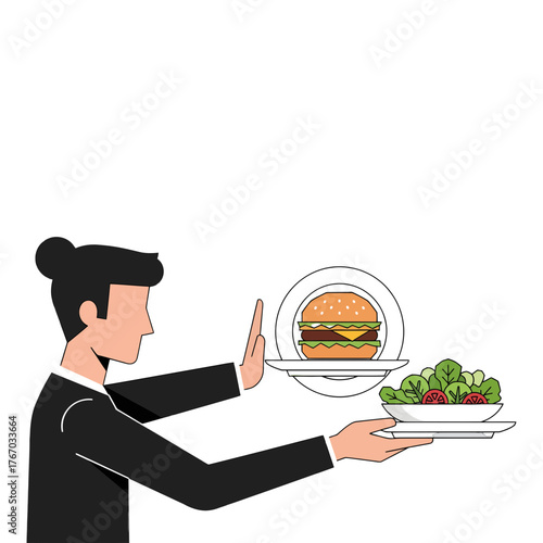 A person choosing healthy food over junk food, conceptual image of healthy lifestyle. The person is holding a plate of salad and other plate contains burger