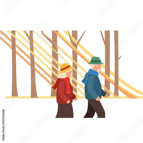 An elderly couple strolling through a sunlit forest, embracing the beauty of nature. The image captures a sense of peacefulness and connection.