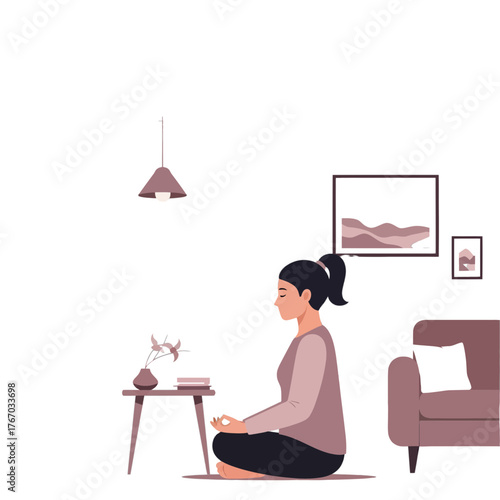 A woman sitting in a lotus position, practicing meditation in her home, finding inner peace and tranquility. A perfect moment to relax and clear your mind.