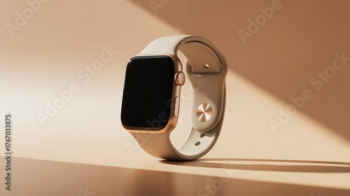 Gold smartwatch with blank black screen and beige band on neutral background with shadows wearable technology