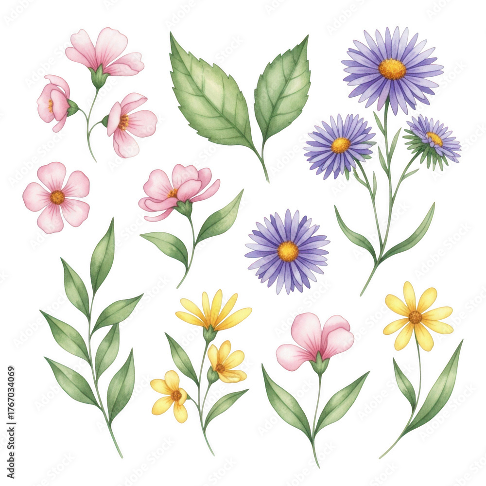 Obraz premium Delicate watercolor floral collection featuring pink and purple daisy-like flowers and greenery isolated on transparent background