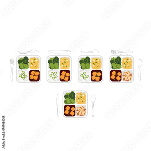 Prepared meal containers, complete with cutlery, offer a glimpse into portioned food