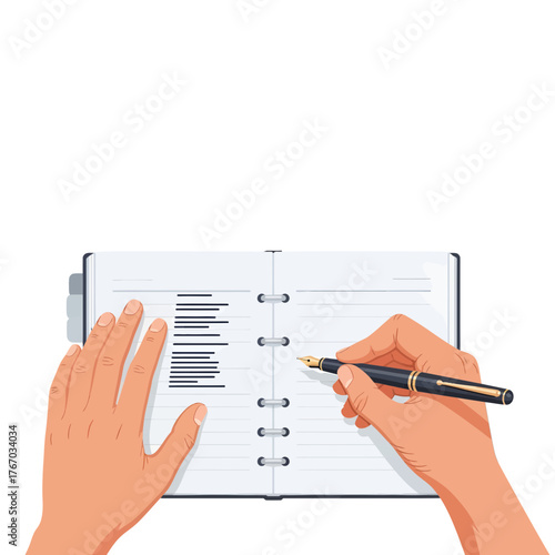 Hands writing in a notepad, documenting important information with a pen