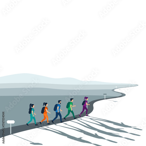 A group of travelers walking together on a winding path toward an unknown destination. It shows a unity of purpose, symbolizing journey, adventure, and the pursuit of goals
