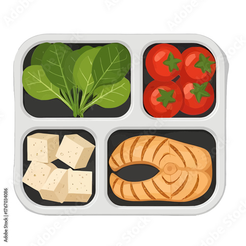 Healthy and balanced meal prepared in a compartmentalized plate, featuring fresh ingredients