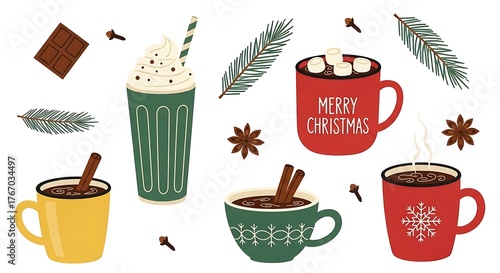 Christmas hot drinks and ingredients illustration hot chocolate coffee