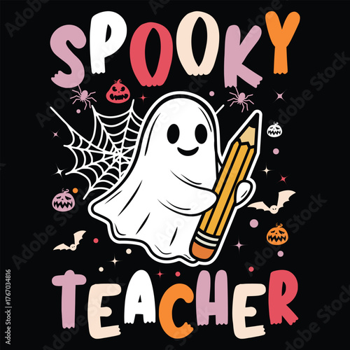 Cute spooky teacher ghost holding a pencil Halloween design