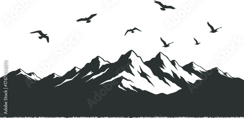 Mountain range with birds flying silhouette cartoon illustration, symbolic elevation and expressive nature artwork for lifestyle and design