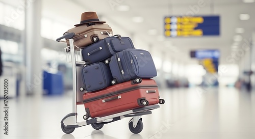 Luggage cart overflowing with suitcases and a hat in airport terminal travel