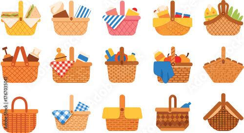 Collection of picnic baskets, woven designs with food, fruits, bread, drinks, outdoor meal setup, summer picnic illustration, decorative vector art