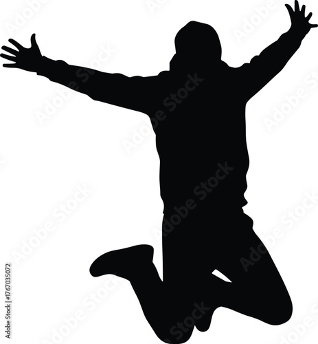 Person jumping with arms raised silhouette cartoon illustration, symbolic joy and expressive gesture artwork for lifestyle and emotional design