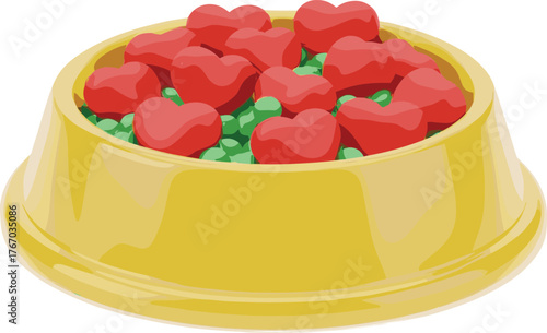 Yellow pet food bowl filled with heart shaped kibble, nutritious dog and cat meal, healthy animal diet, love and care