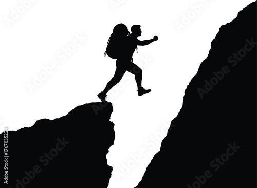 Person leaping across cliff silhouette cartoon illustration, symbolic challenge and expressive gesture artwork for lifestyle and emotional design