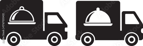 Silhouette of two food delivery trucks with serving domes