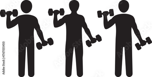 Three silhouettes performing dumbbell bicep curls