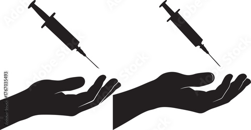 Two syringes hovering above open hands