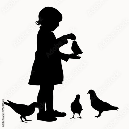 Silhouette of a young girl feeding birds with several pigeons standing around her on a white background scene