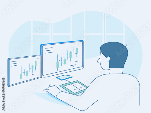 Stock market trader analyzing candlestick chart on monitor screen