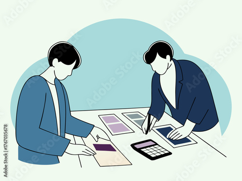Business people discussing financial report with calculator and documents on desk