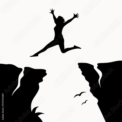 Silhouette of a woman jumping between cliffs with arms raised in a black and white illustration style