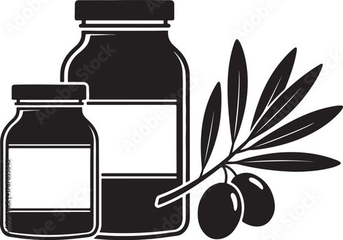 Olive oil bottles and branch with olives silhouette