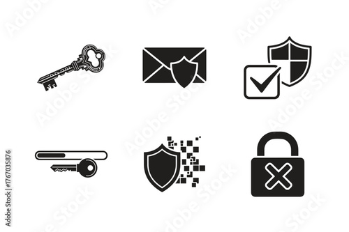 Set of security and data protection icons for digital safety isolated on white background