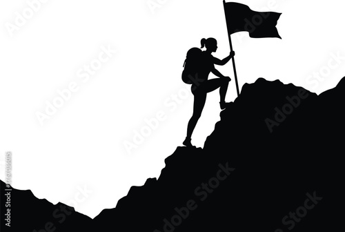 Person planting flag on mountain silhouette cartoon illustration, symbolic achievement and expressive gesture artwork for lifestyle and design