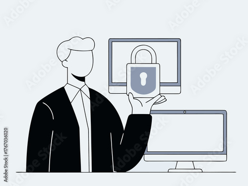 Cybersecurity concept with businessman holding digital lock hologram graphic