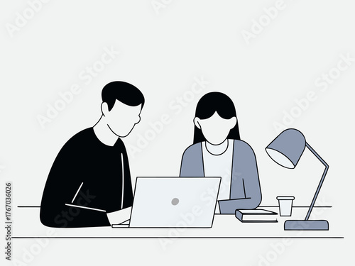 Professional man and woman working together on laptop at minimalist desk