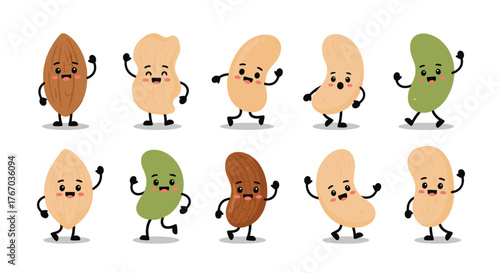 Cute cartoon collection of assorted nuts and seeds with happy faces and arms raised in a playful dance.