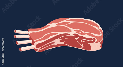 A raw rack of lamb with four bones on a dark blue background.