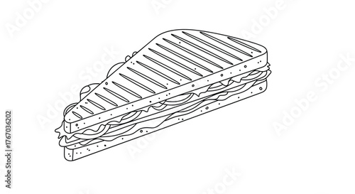 Illustration of a delicious sandwich with grilled bread, lettuce, and meat.